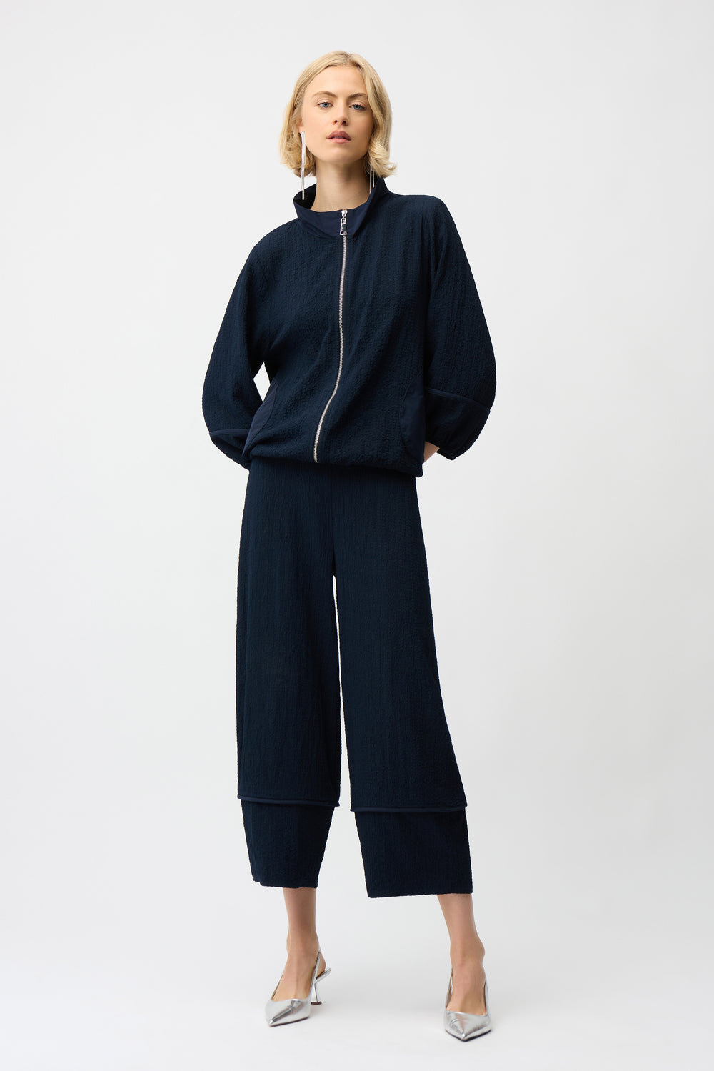 Joseph Ribkoff Seersucker & Memory Bomber Jacket in Midnight Blue available at Barbara Katz