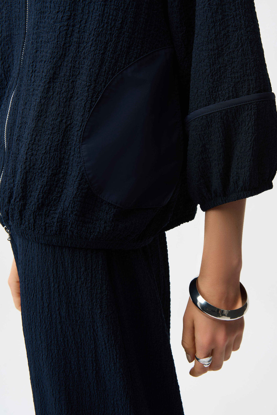 Joseph Ribkoff Seersucker & Memory Bomber Jacket in Midnight Blue available at Barbara Katz