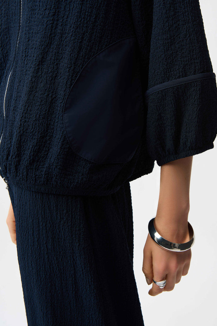 Joseph Ribkoff Seersucker & Memory Bomber Jacket in Midnight Blue available at Barbara Katz