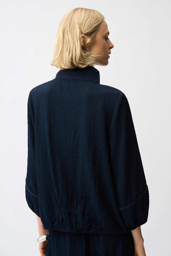 Joseph Ribkoff Seersucker & Memory Bomber Jacket in Midnight Blue available at Barbara Katz