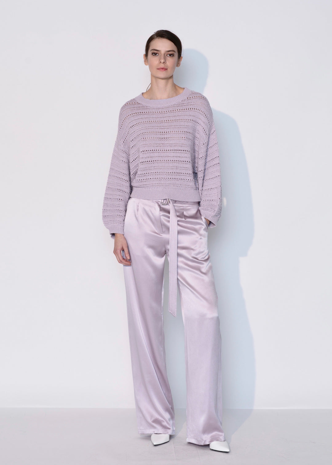 Diomi Crew Neck Open Knit Crochet Sweater in Lilac available at Barbara Katz