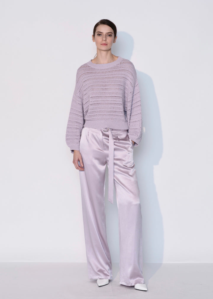 Diomi Crew Neck Open Knit Crochet Sweater in Lilac available at Barbara Katz