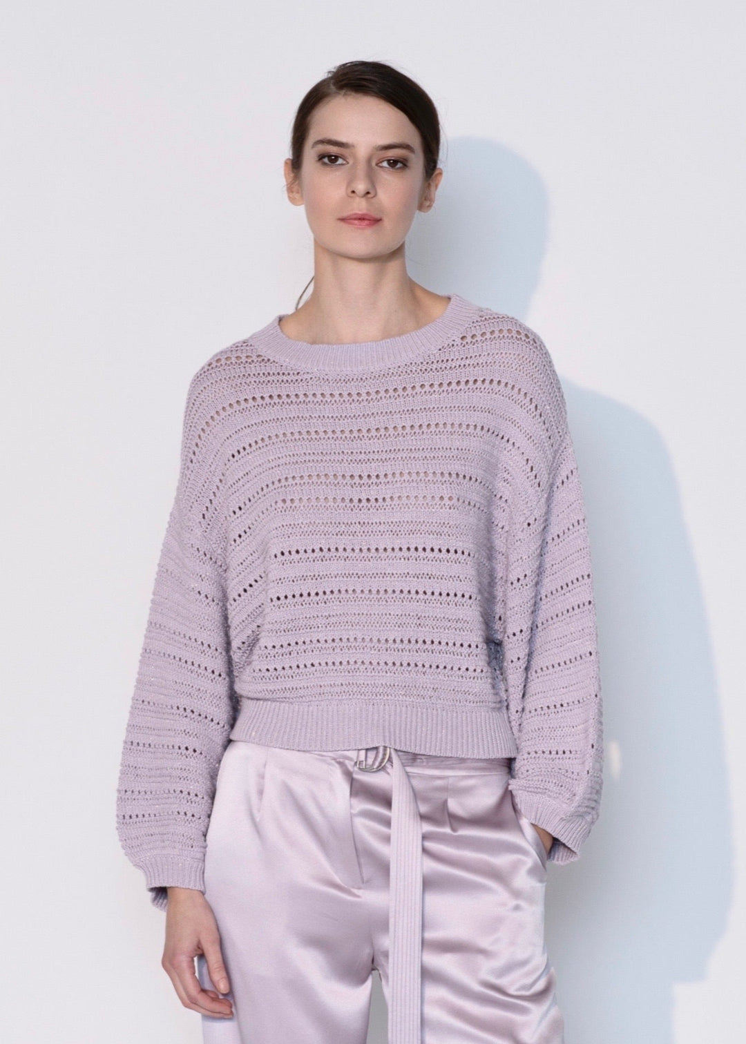 Diomi Crew Neck Open Knit Crochet Sweater in Lilac available at Barbara Katz