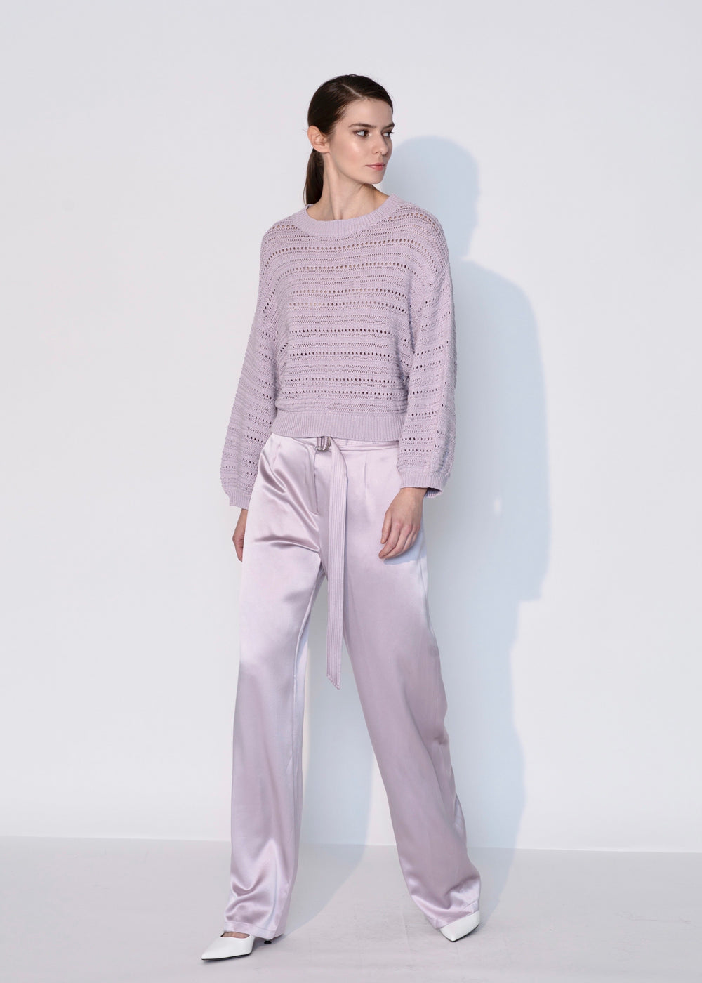 Diomi Crew Neck Open Knit Crochet Sweater in Lilac available at Barbara Katz