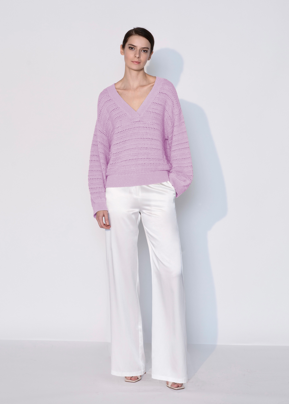 Diomi V Neck Open Knit Crochet Sweater in Lilac available at Barbara Katz