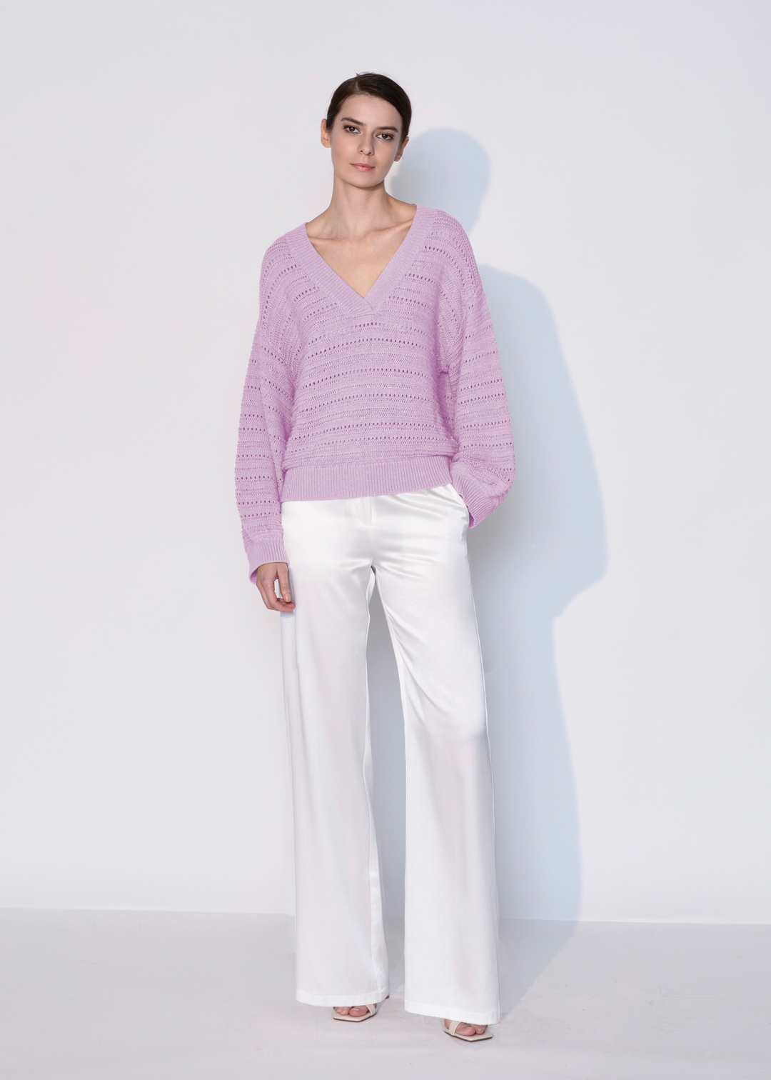 Diomi V Neck Open Knit Crochet Sweater in Lilac available at Barbara Katz
