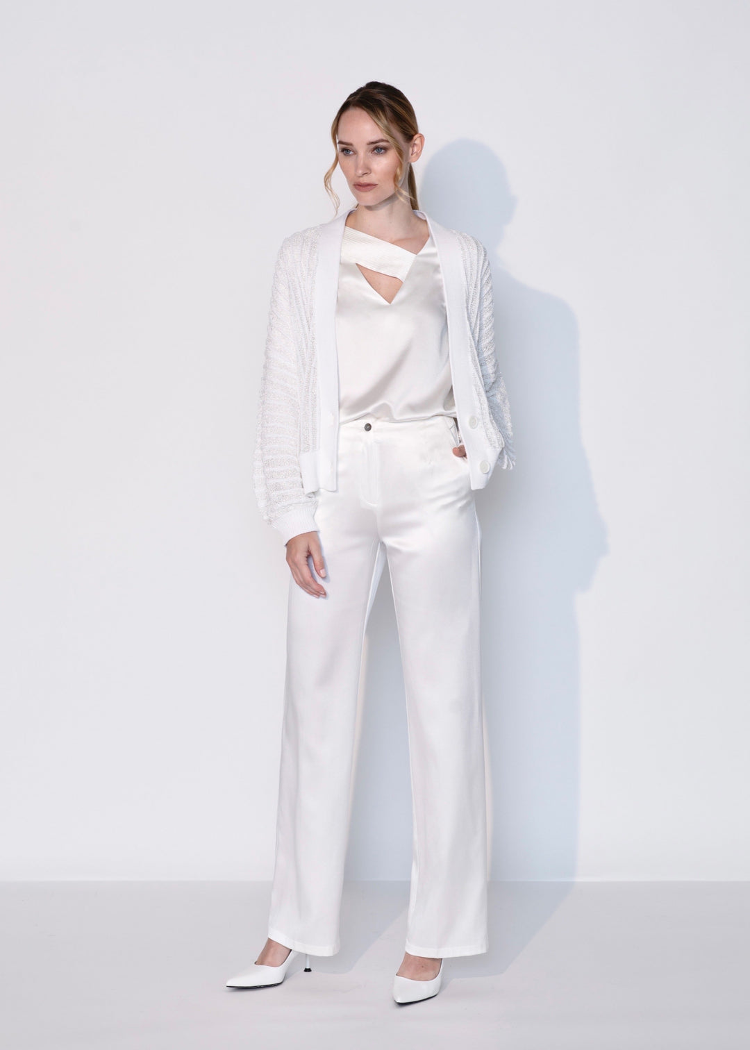 Diomi Open Knit Crochet Cardigan in White available at Barbara Katz