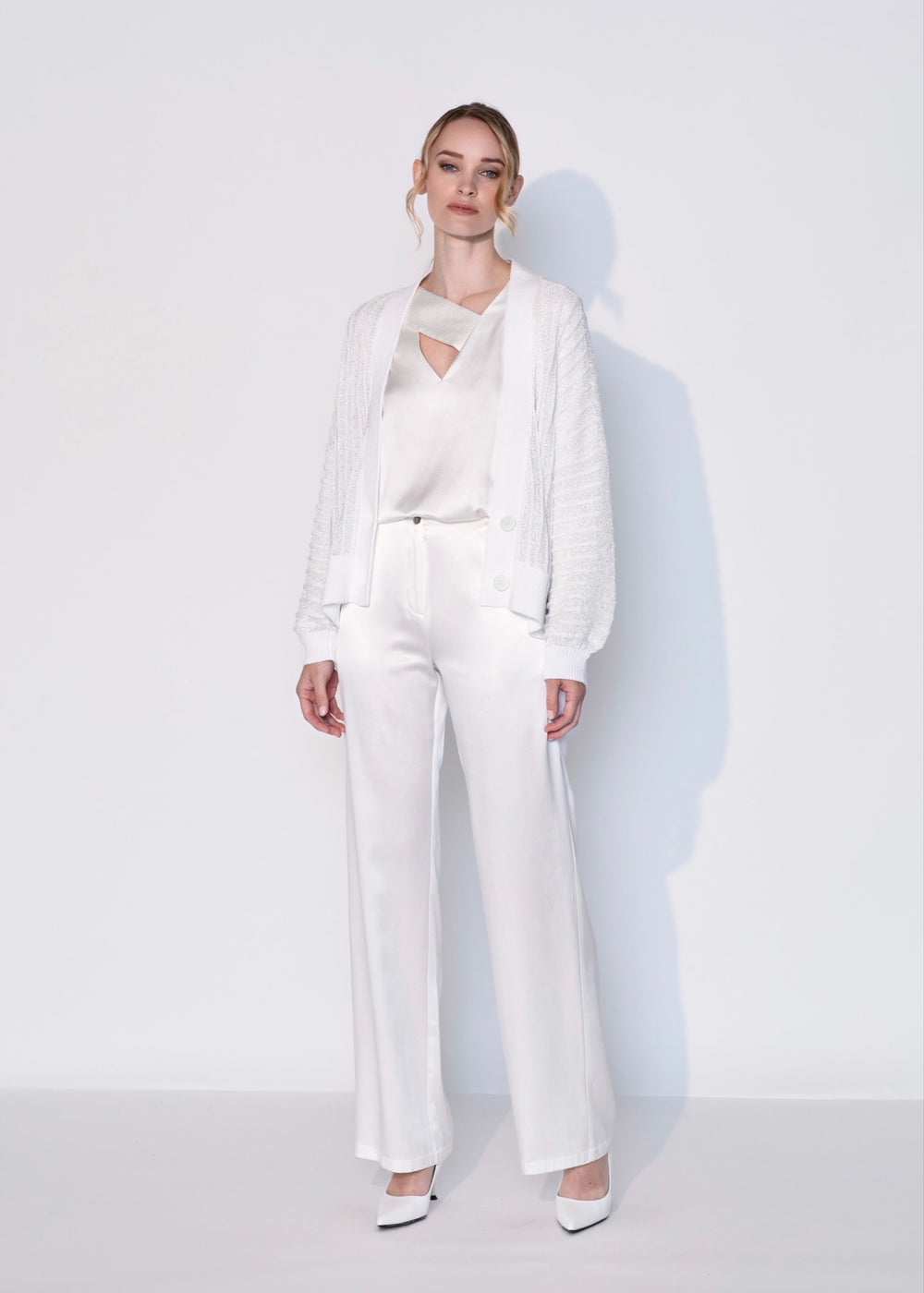 Diomi Open Knit Crochet Cardigan in White available at Barbara Katz