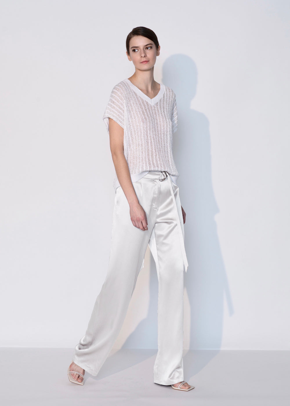 Diomi Open Knit Crochet V Neck Vest in White available at Barbara Katz