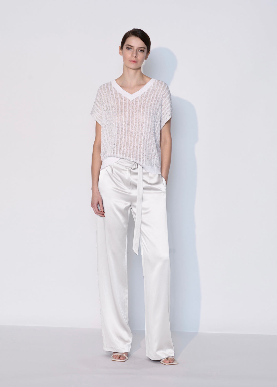 Diomi Open Knit Crochet V Neck Vest in White available at Barbara Katz