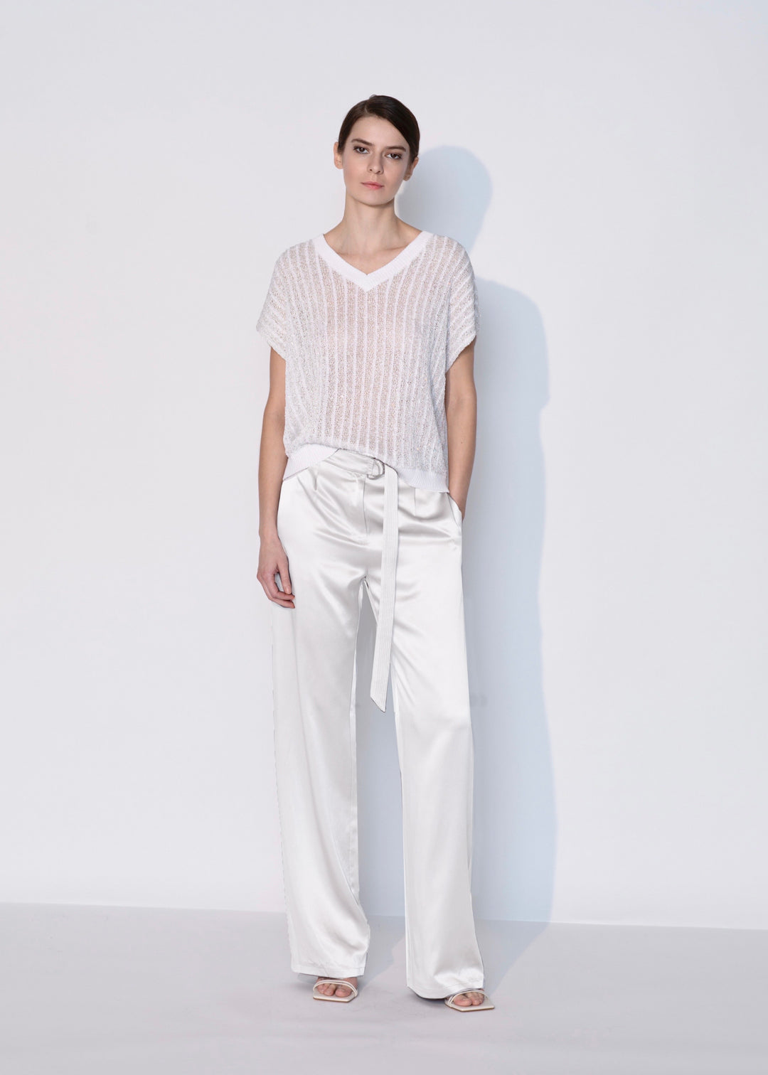 Diomi Open Knit Crochet V Neck Vest in White available at Barbara Katz