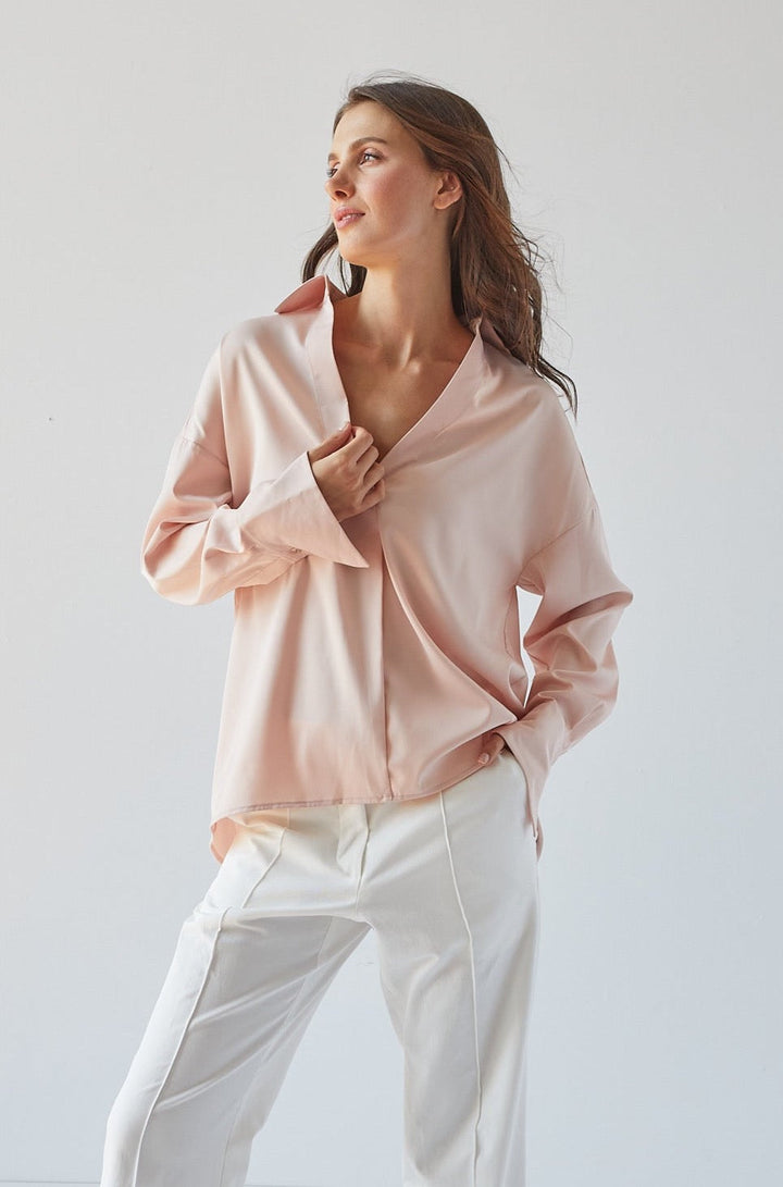 Adroit Atelier Kay Popover Satin Blouse With Long Cuffs - Rose