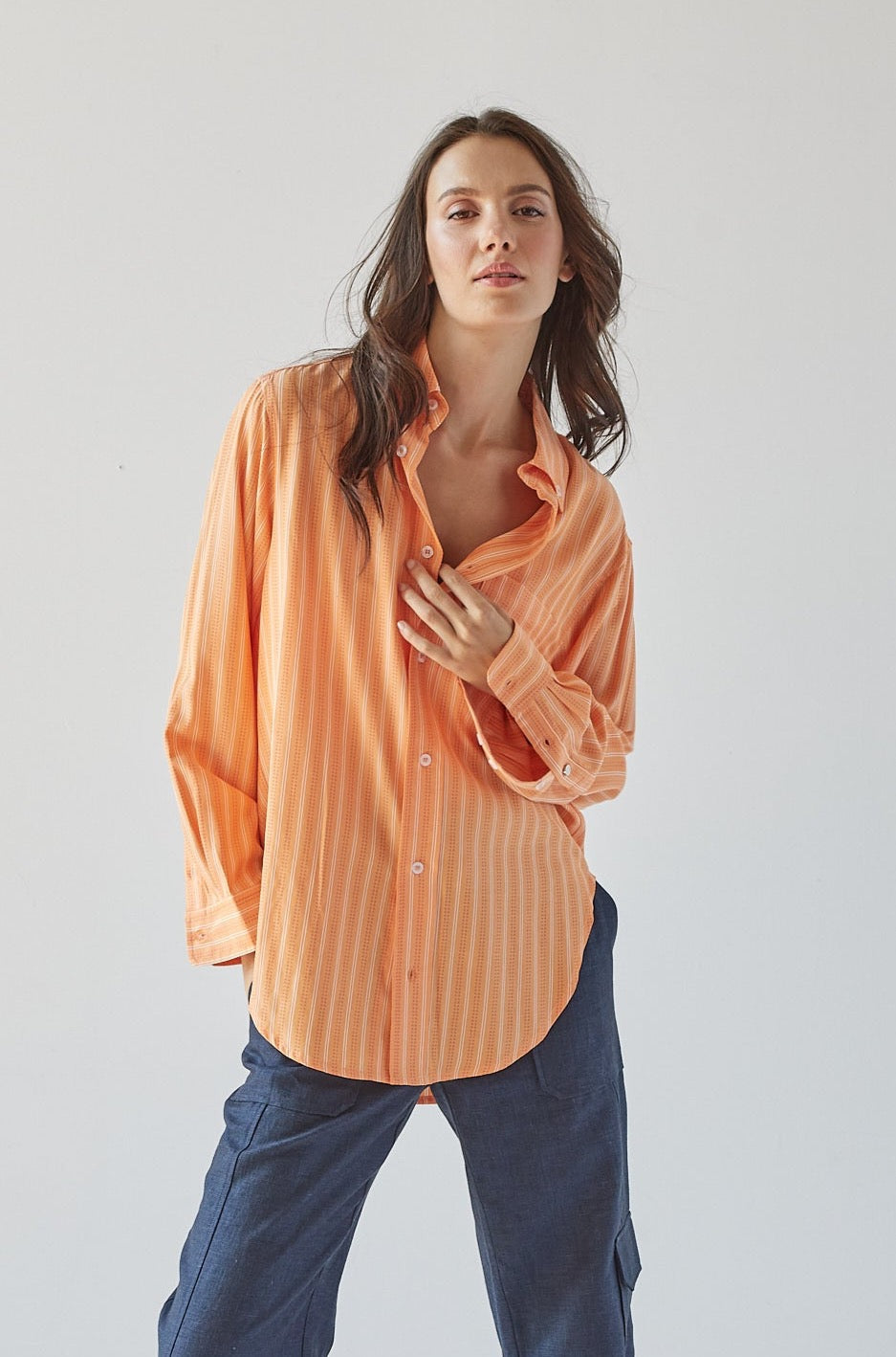 Adroit Atelier Kean Boyfriend Striped Button Down Shirt in Tangerine