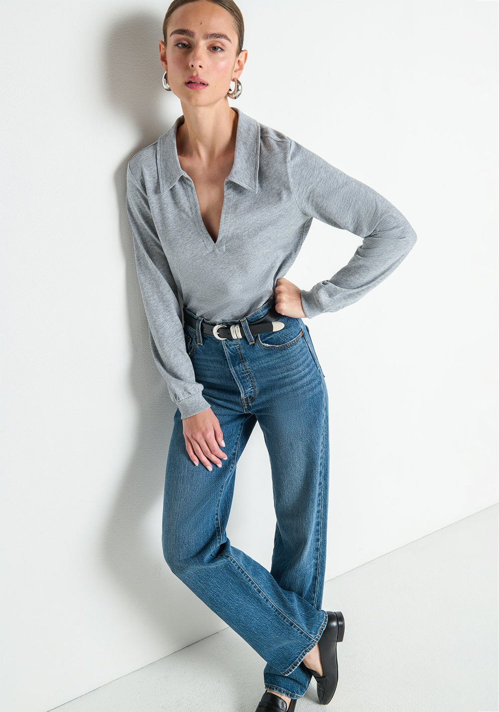 Nation Los Angeles Kimberley Polo Tee in Heather Grey available at Barbara Katz