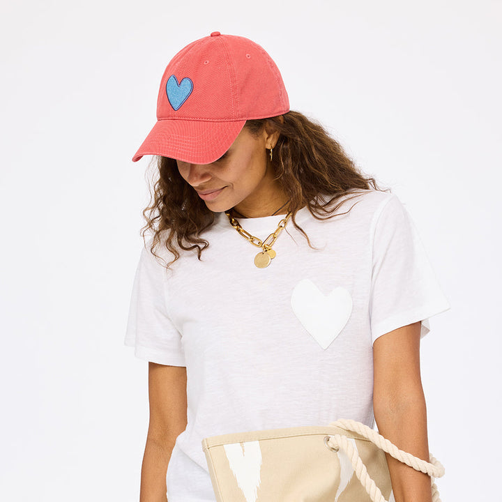 Kerri Rosenthal KR Imperfect Heart Hat in Poppy Red/Denim Blue available at Barbara Katz