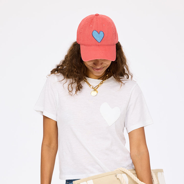 Kerri Rosenthal KR Imperfect Heart Hat in Poppy Red/Denim Blue available at Barbara Katz