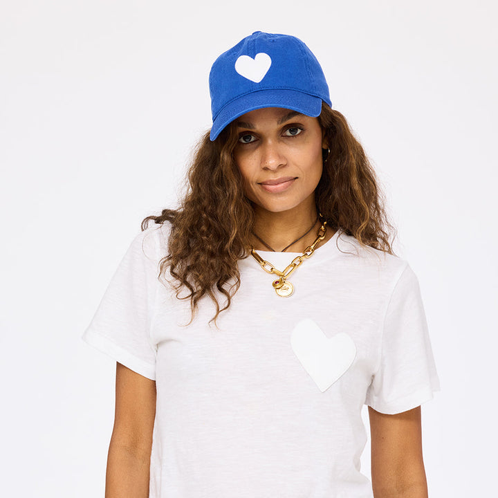 Kerri Rosenthal KR Imperfect Heart Hat in Bright Blue/White available at Barbara Katz