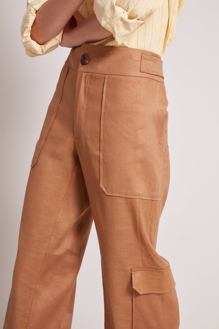 Adroit Atelier Nolan Mid Waist Cargo Pants in Camel available at Barbara Katz