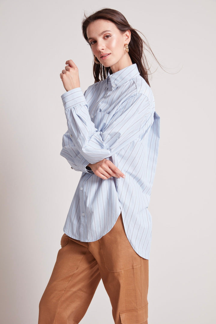 Adroit Atelier Kean Boyfriend Striped Button Down Shirt in Powder Blue available at Barbara Katz