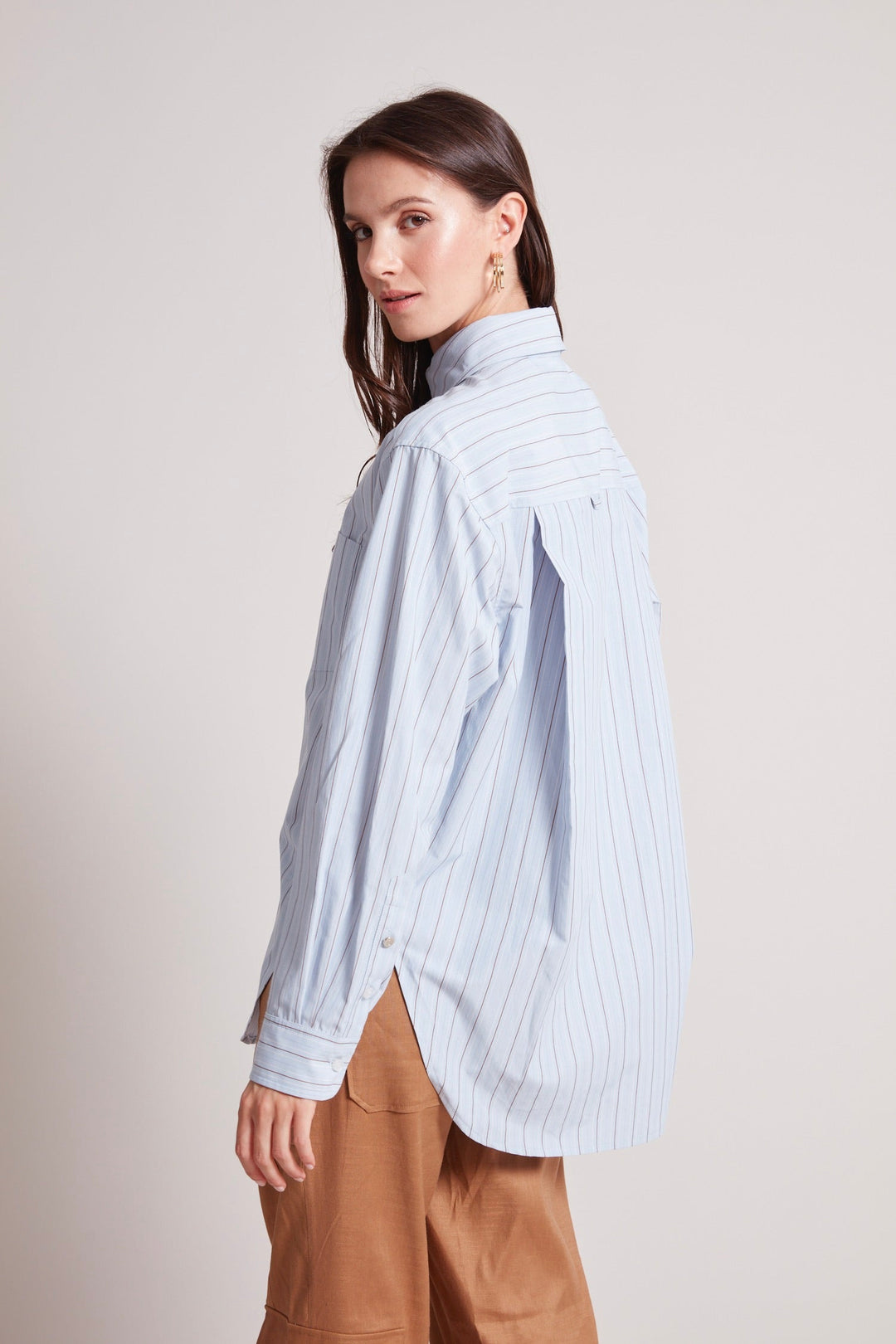 Adroit Atelier Kean Boyfriend Striped Button Down Shirt in Powder Blue available at Barbara Katz