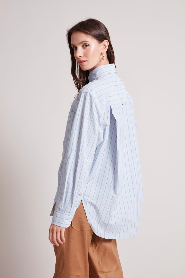 Adroit Atelier Kean Boyfriend Striped Button Down Shirt in Powder Blue available at Barbara Katz