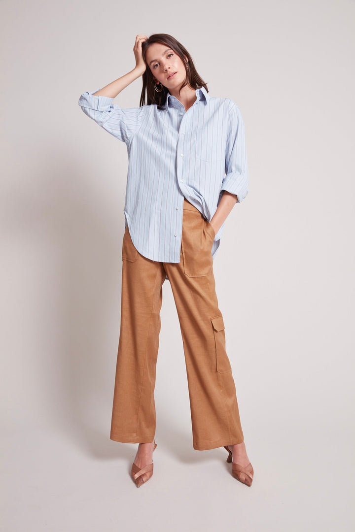 Adroit Atelier Kean Boyfriend Striped Button Down Shirt in Powder Blue available at Barbara Katz