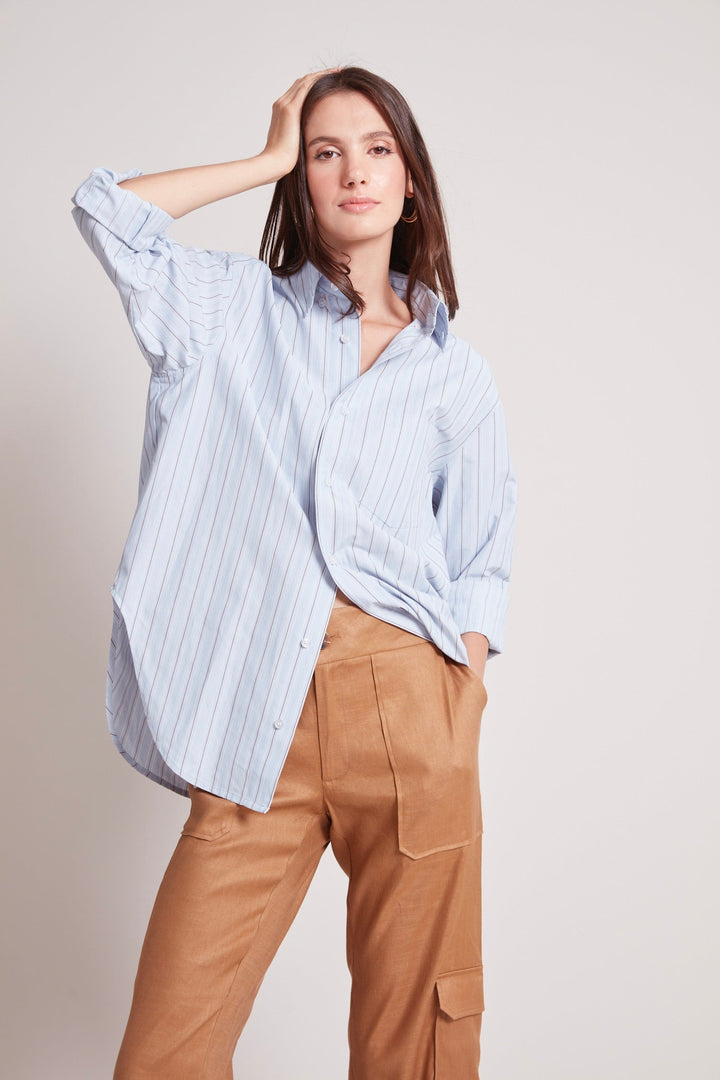 Adroit Atelier Kean Boyfriend Striped Button Down Shirt in Powder Blue available at Barbara Katz