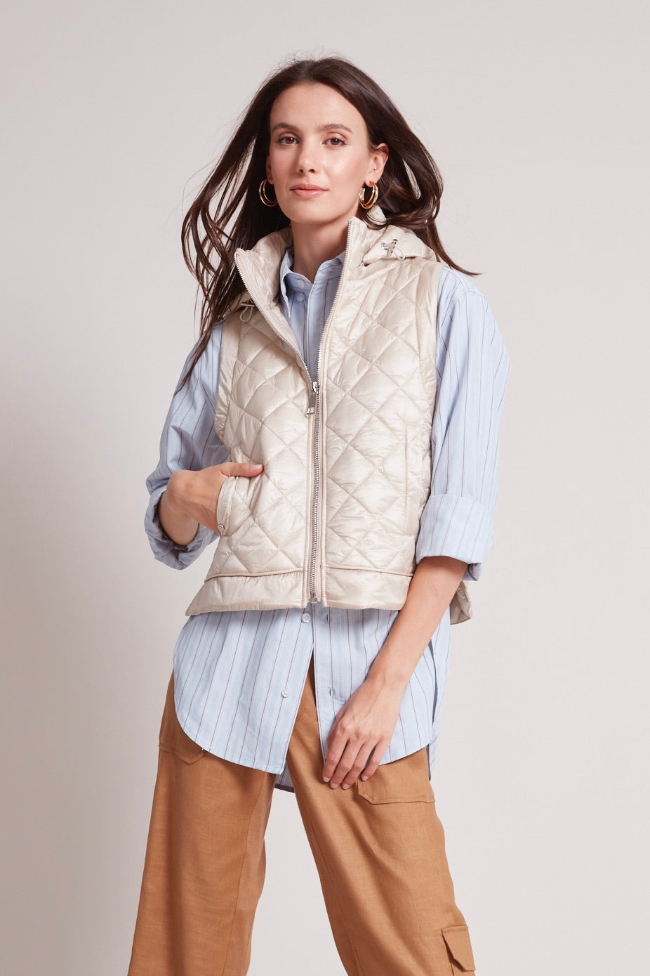 Adroit Atelier Talia Quilted Gilet With Removable Hood in Champagne available at Barbara Katz