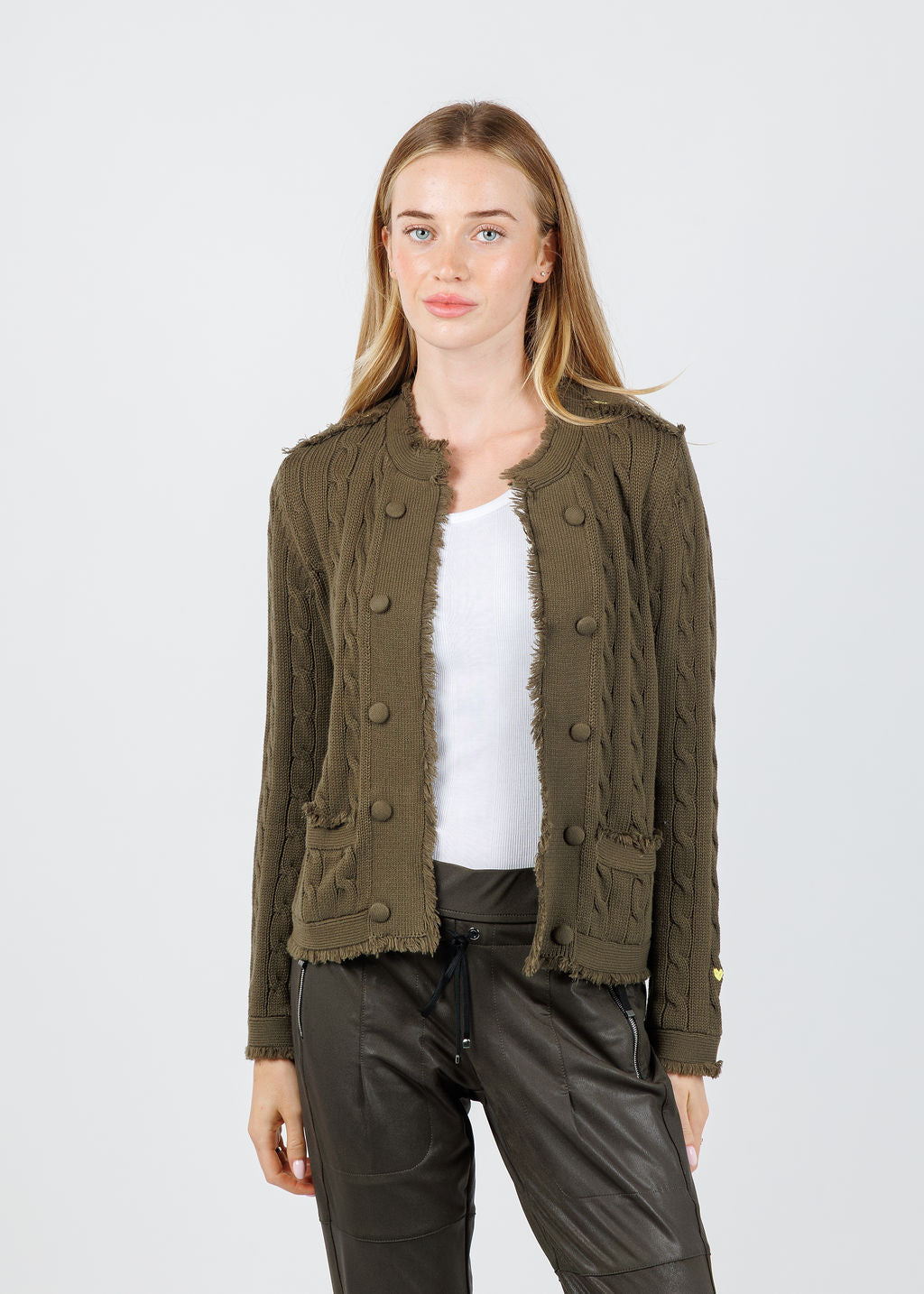 Kerri Rosenthal Beau-Lero Fringe Cable Cardigan in Army Green available at Barbara Katz