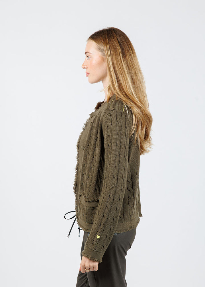 Kerri Rosenthal Beau-Lero Fringe Cable Cardigan in Army Green available at Barbara Katz