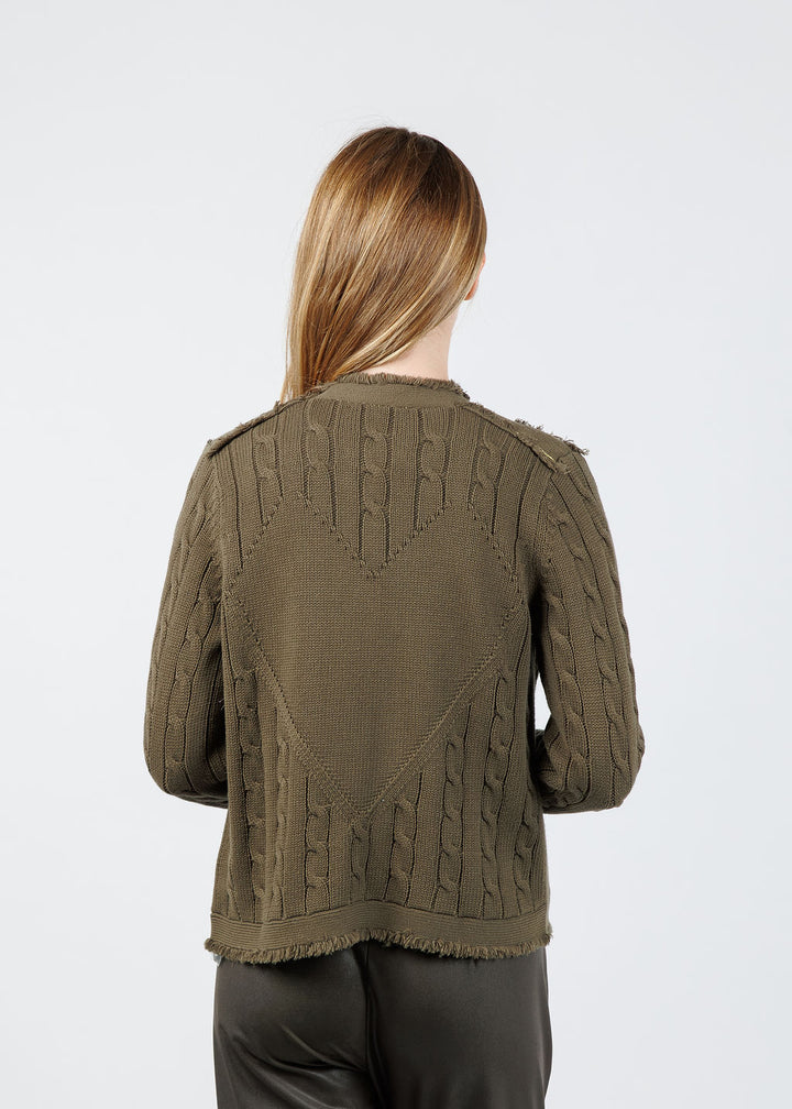 Kerri Rosenthal Beau-Lero Fringe Cable Cardigan in Army Green available at Barbara Katz