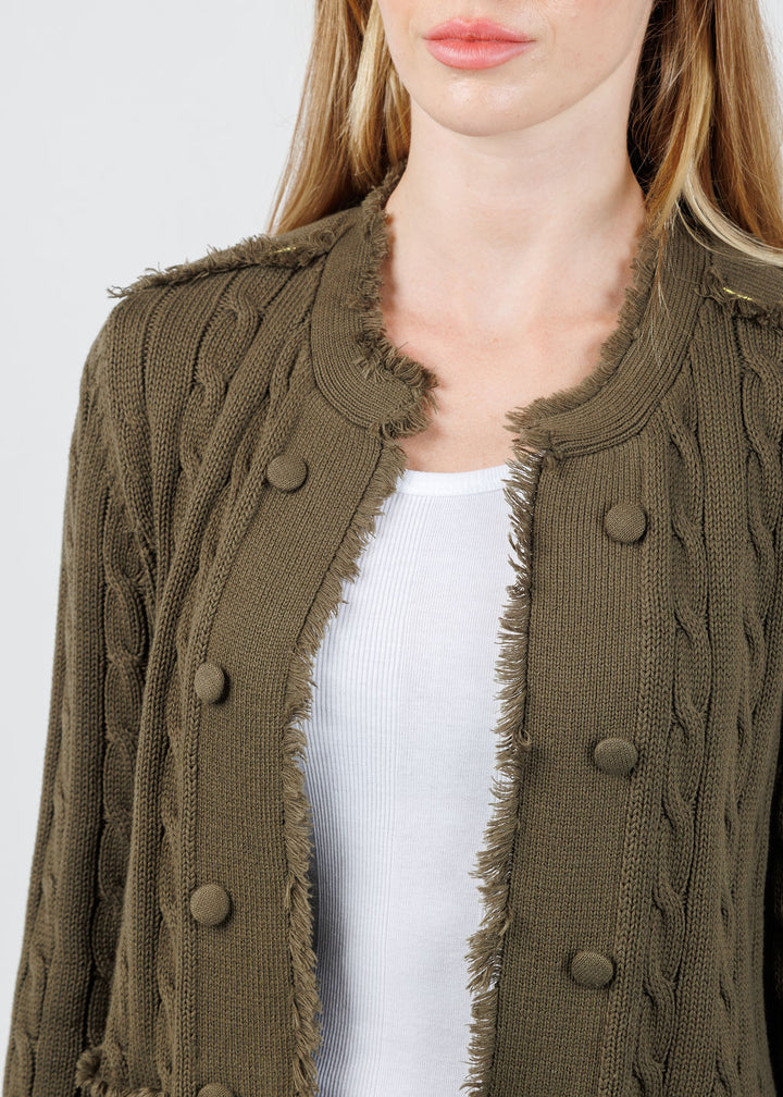 Kerri Rosenthal Beau-Lero Fringe Cable Cardigan in Army Green available at Barbara Katz