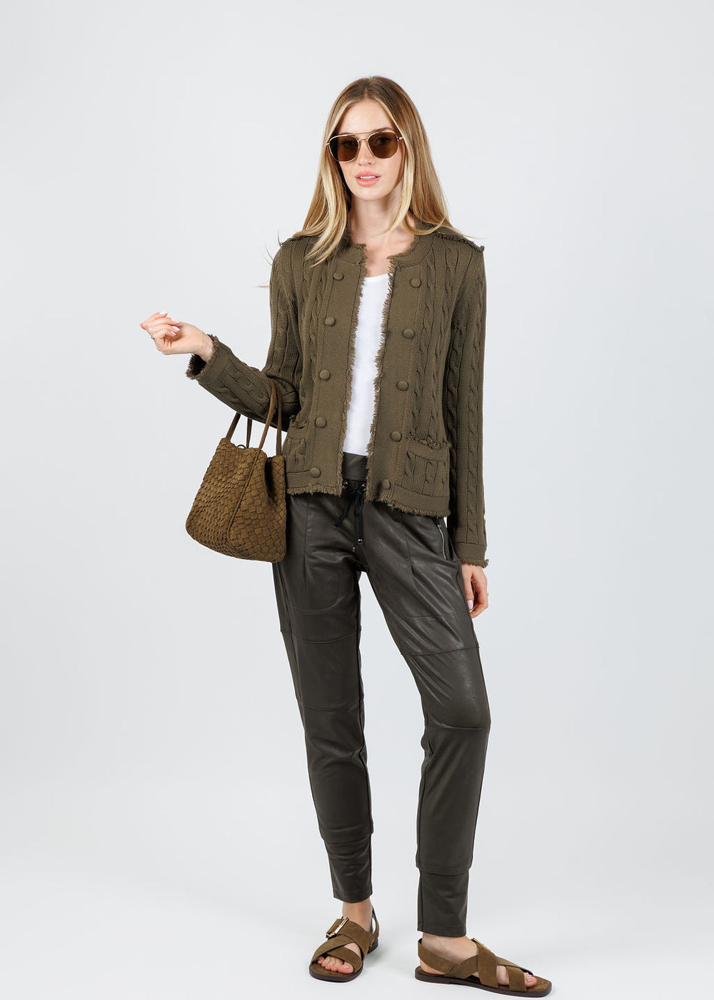 Kerri Rosenthal Beau-Lero Fringe Cable Cardigan in Army Green paired with Raffaello Rossi Vegan Leather Candy Pants in Dark Olive available at Barbara Katz