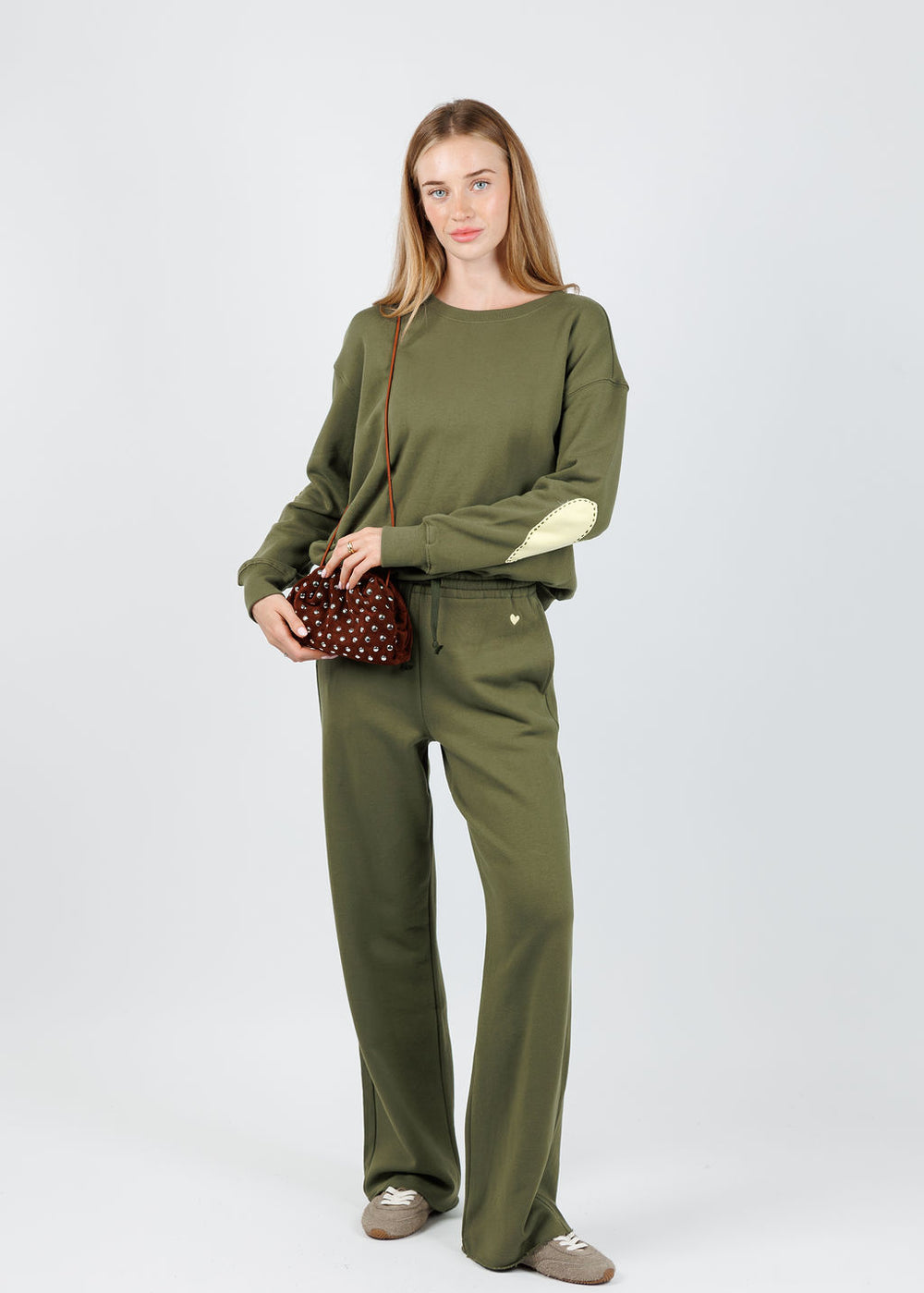 Kerri Rosenthal Ex-Boyfriend Sweatshirt in Army Green paired with Kerri Rosenthal Weekend Barb Sweatpants in Army Green available at Barbara Katz