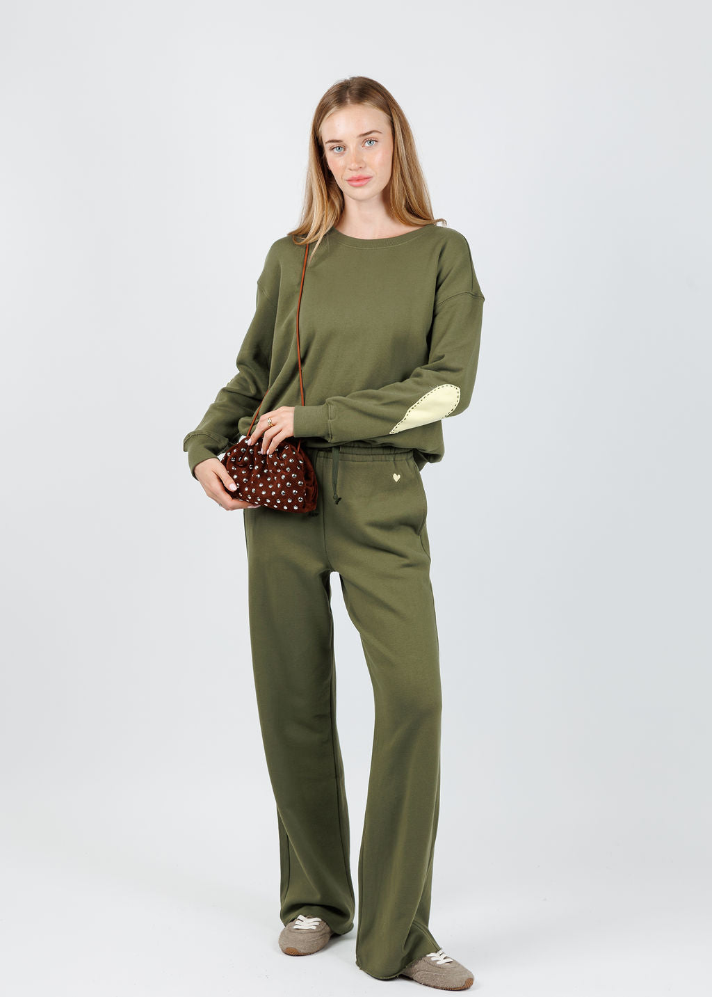 Kerri Rosenthal Ex-Boyfriend Sweatshirt in Army Green paired with Kerri Rosenthal Weekend Barb Sweatpants in Army Green available at Barbara Katz