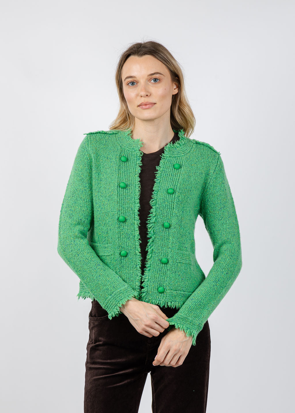 Kerri Rosenthal Fringe Beau-lero Cardigan in Grass Green available at Barbara Katz