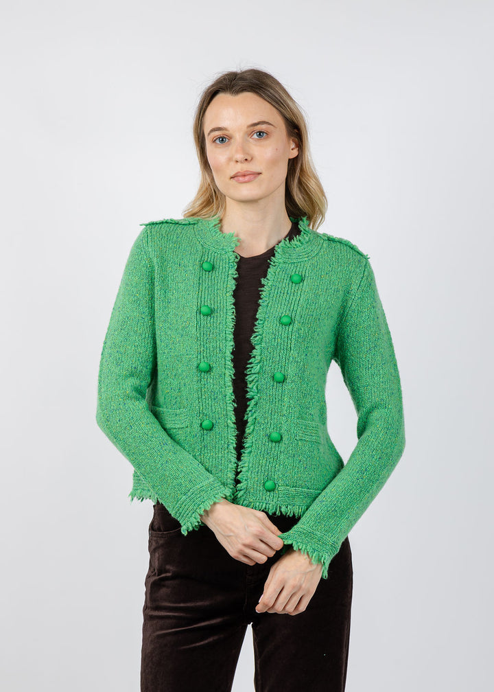 Kerri Rosenthal Fringe Beau-lero Cardigan in Grass Green available at Barbara Katz