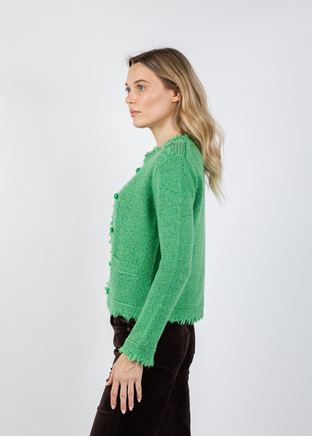Kerri Rosenthal Fringe Beau-lero Cardigan in Grass Green available at Barbara Katz