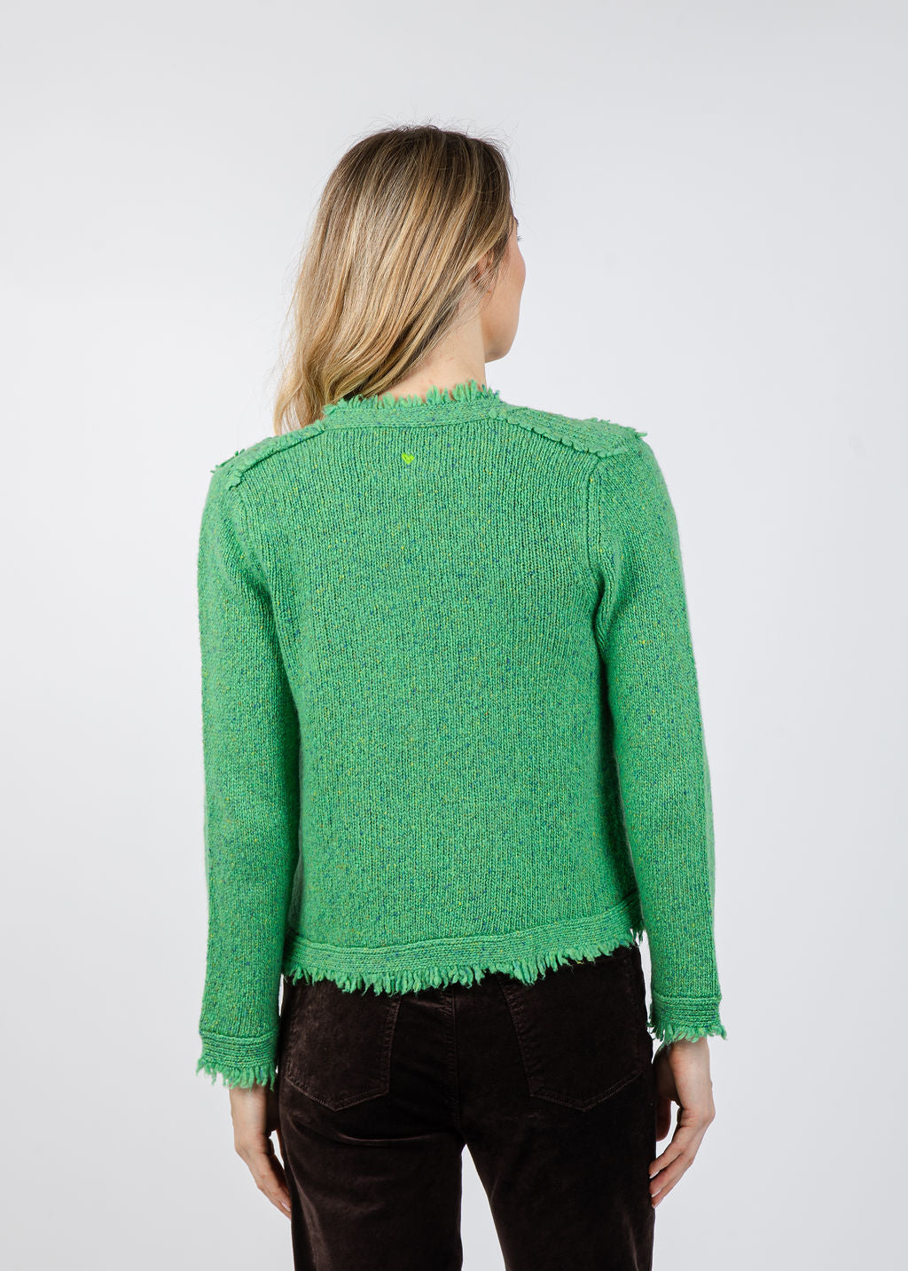 Kerri Rosenthal Fringe Beau-lero Cardigan in Grass Green available at Barbara Katz