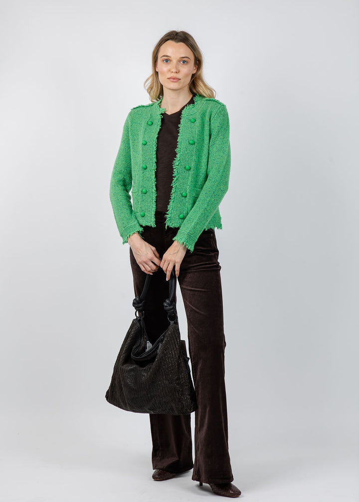 Kerri Rosenthal Fringe Beau-lero Cardigan in Grass Green available at Barbara Katz