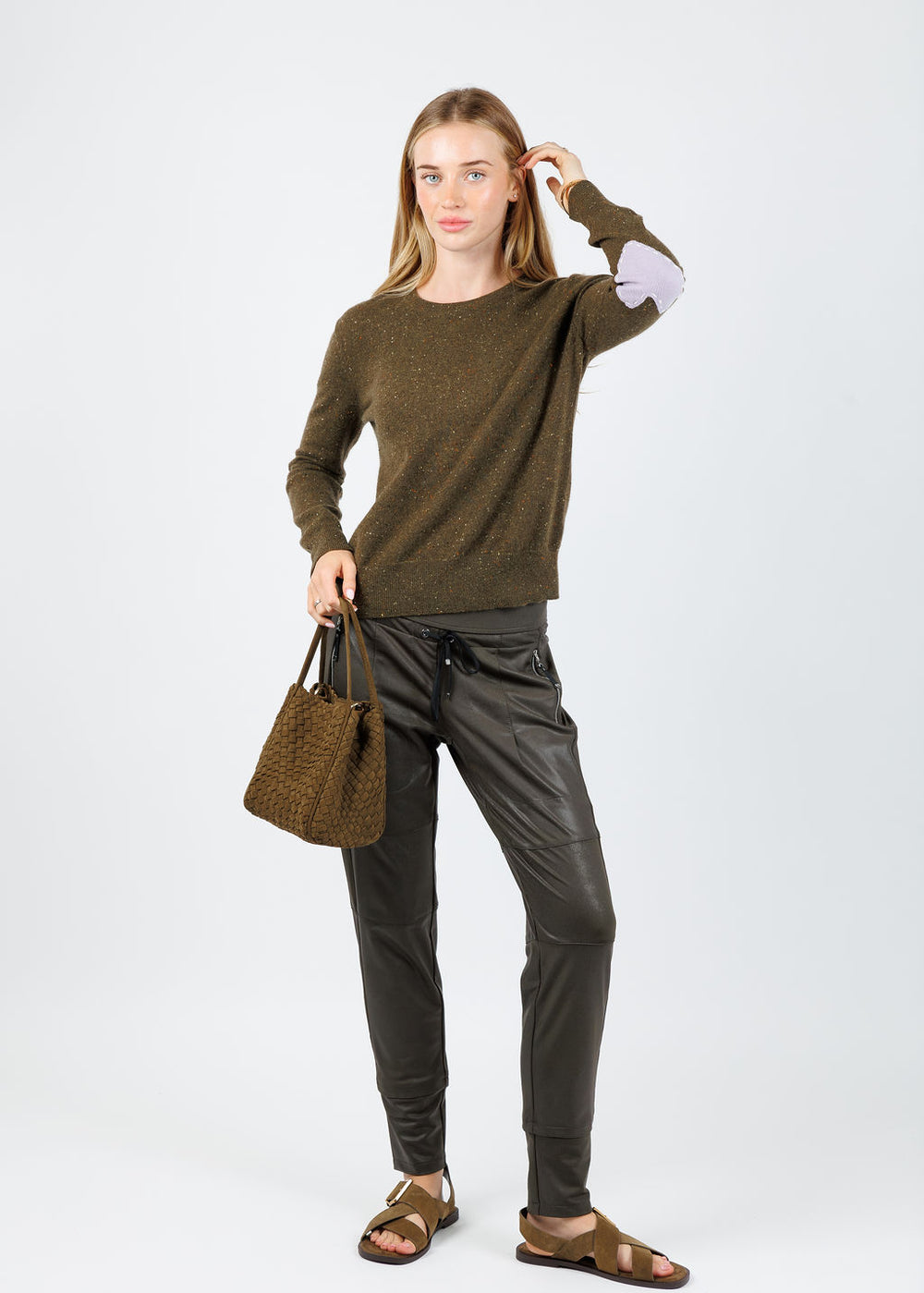 Kerri Rosenthal Patchwork Pullover Sweater in Army Green paired with Raffaello Rossi Vegan Leather Candy Pants in Dark Olive available at Barbara Katz