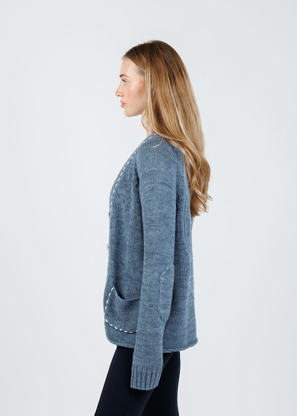 Kerri Rosenthal Short Poppy Smiley Cardigan in Indigo Blue available at Barbara Katz