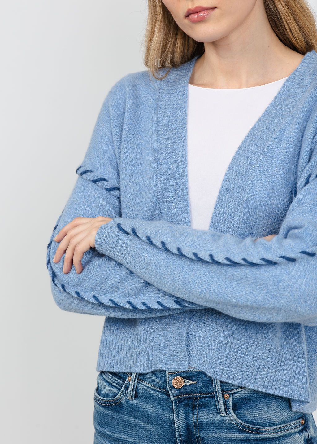 Kerri Rosenthal Sienna Cashmere Cardigan in Denim Blue available at Barbara Katz
