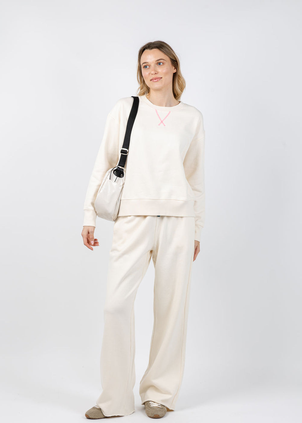 Kerri Rosenthal Ex-Boyfriend Smiley Sweatshirt in Canvas paired with matching Weekend Barb Sweatpants in Canvas available at Barbara Katz