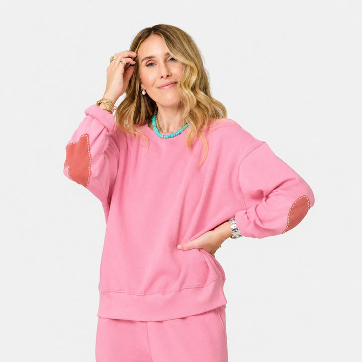 Kerri Rosenthal Ex-Boyfriend Patchwork Sweatshirt in Palm Pink available at Barbara Katz