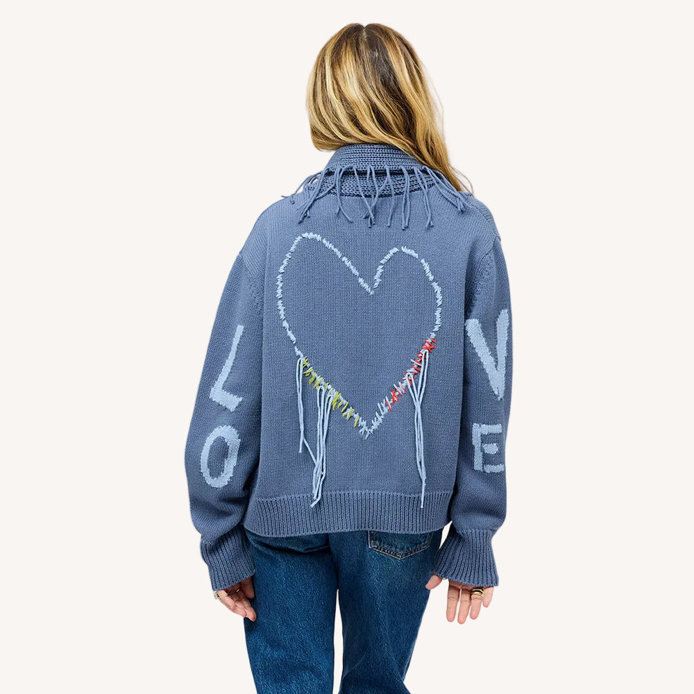 Kerri Rosenthal Fringe Shawl Collar Love Cardigan in Denim Blue available at Barbara Katz