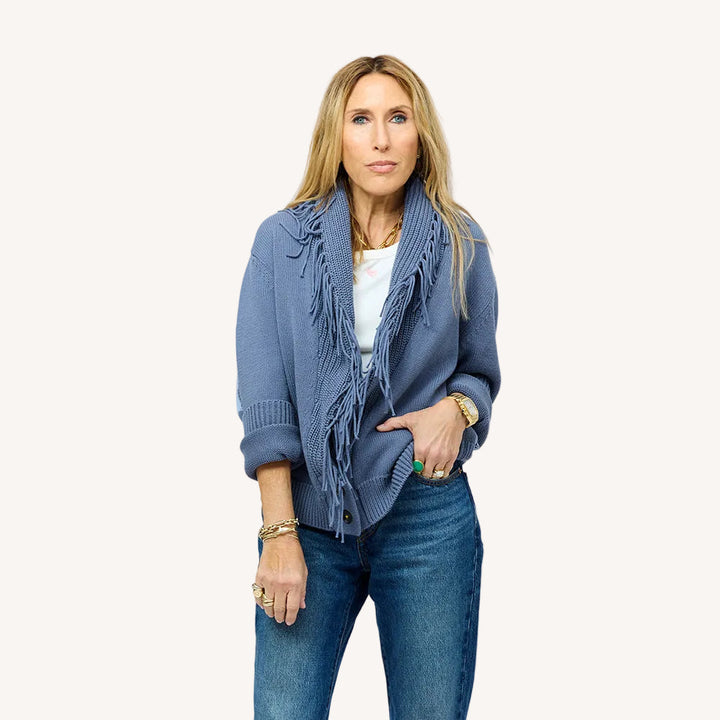 Kerri Rosenthal Fringe Shawl Collar Love Cardigan in Denim Blue available at Barbara Katz
