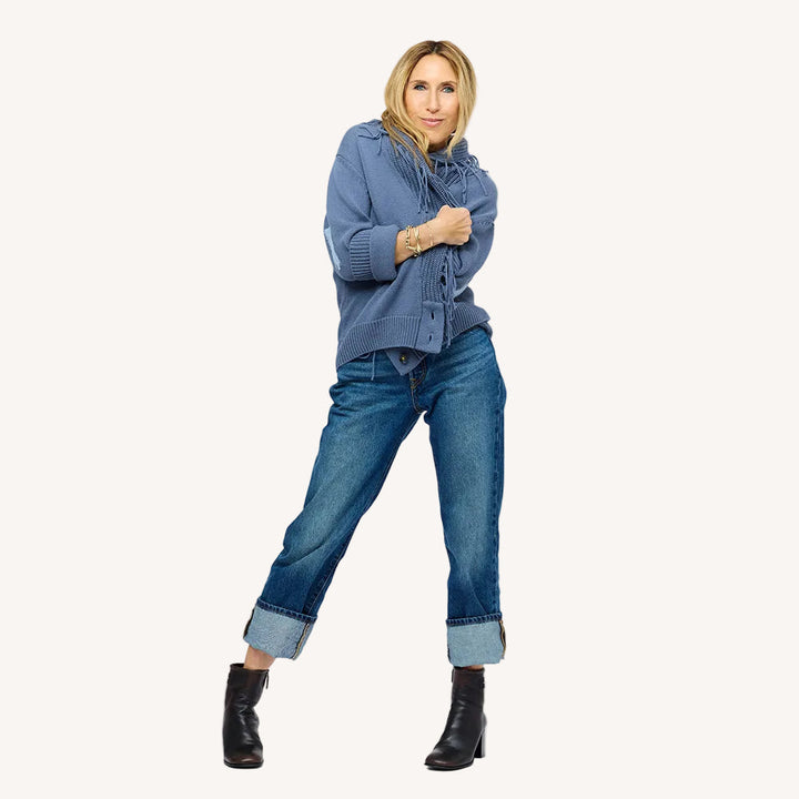 Kerri Rosenthal Fringe Shawl Collar Love Cardigan in Denim Blue available at Barbara Katz
