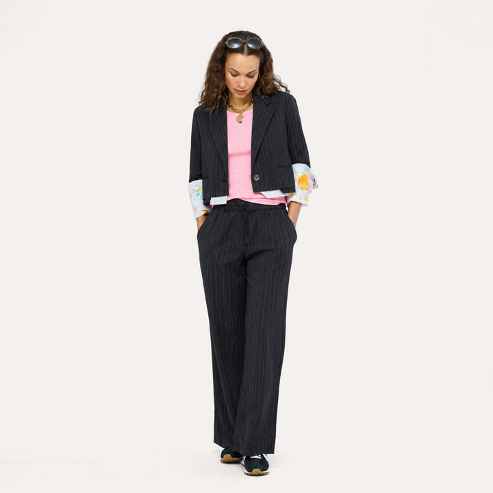 Kerri Rosenthal Halfday Blazer and Palazzo Stripe Pant in Black/White available at Barbara Katz