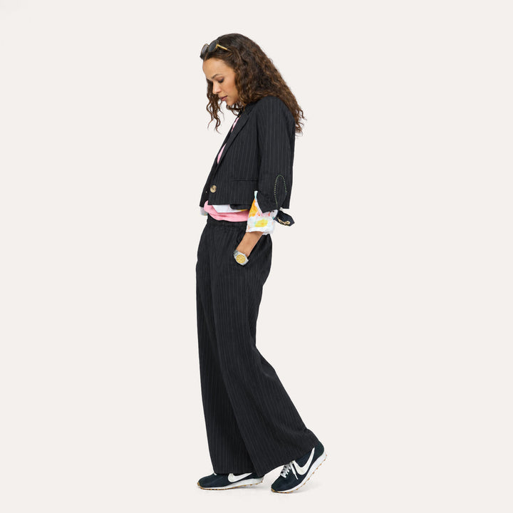 Kerri Rosenthal Halfday Blazer and Palazzo Stripe Pant in Black/White available at Barbara Katz